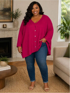 Avenue Fuchsia Ribbed V-Neck Cardigan Plus Size 26W